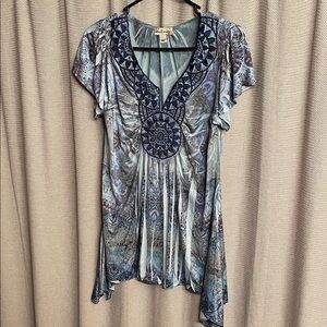 Paisley V-Neck Flutter Sleeve Tunic with Embroidered Medallion - Blue